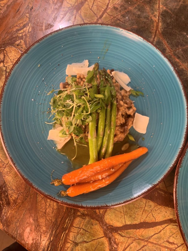 Vegan Truffled Wild Mushroom Risotto with Roasted asparagus and glazed baby carrots