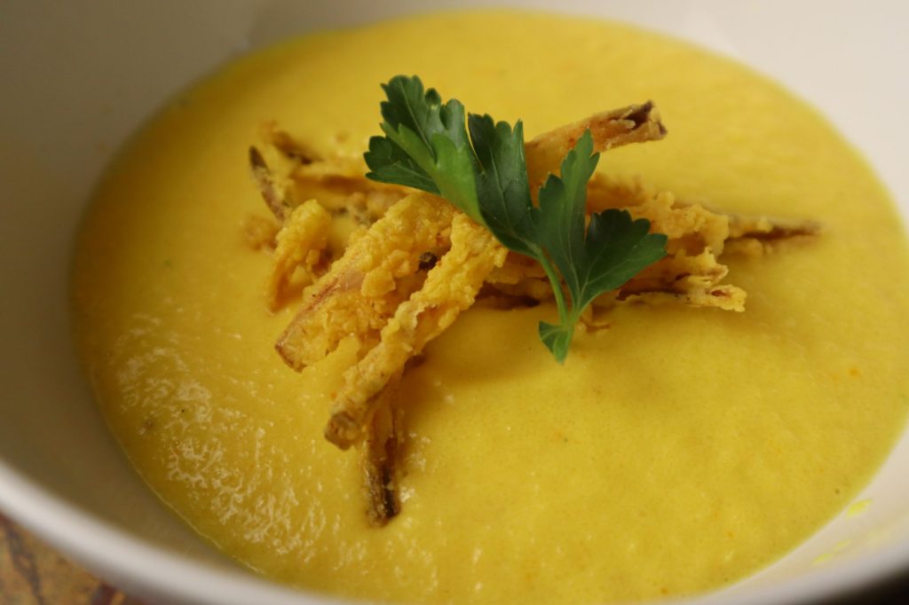 Ginger Golden Beet Bisque with Crispy Shallots