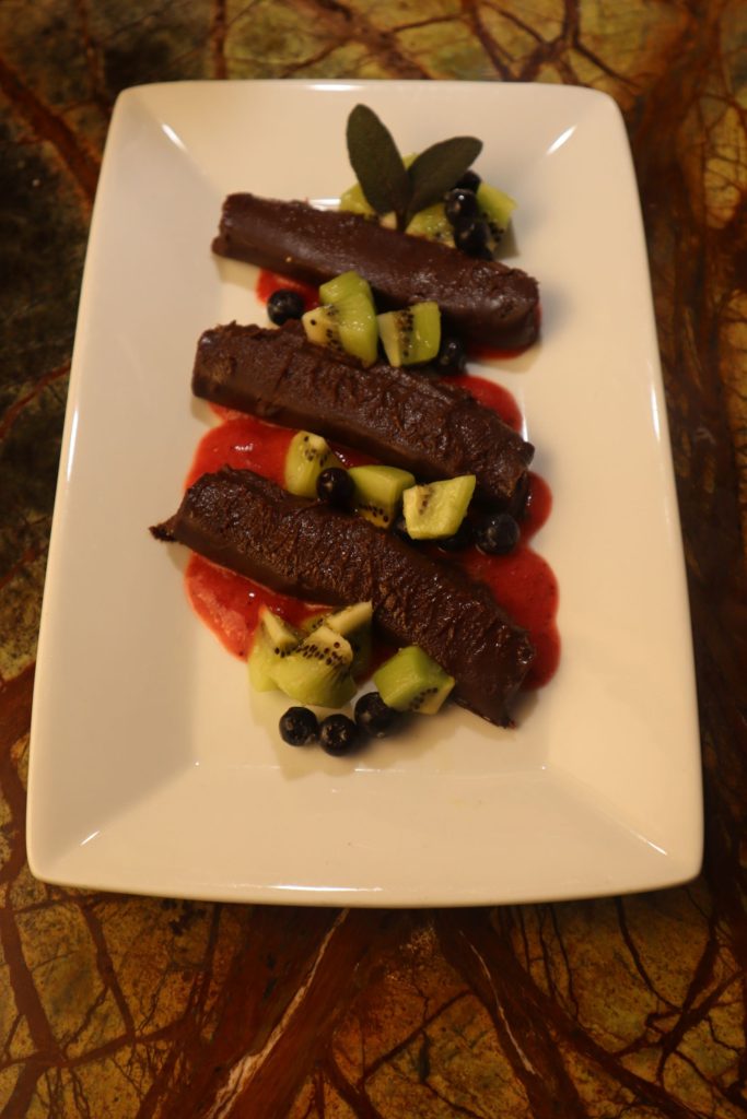 Vegan Mexican Chocolate Pave with Kiwi Salad and Grand Marnier berry drizzle