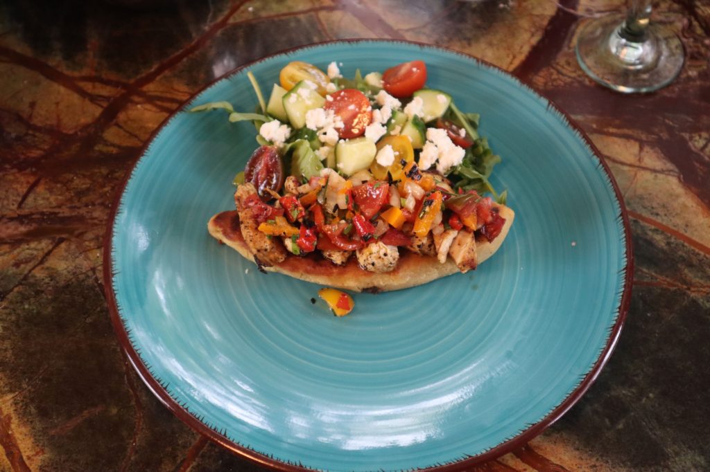 Black Bean Tlacoyos with Corriander Lime Chicken, Chorizo, Charred Pepper Pico de Gaillo, and Arugula Cucumber Salad