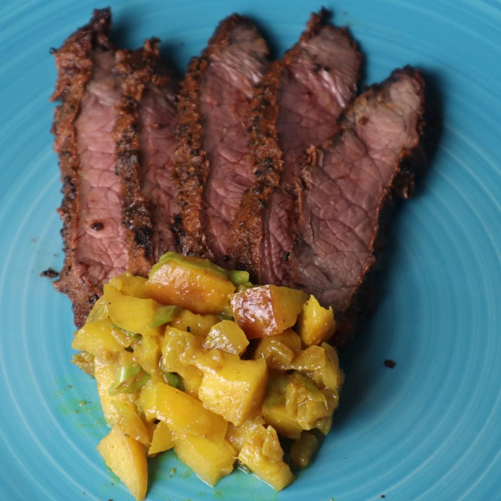 Northwestern Coffee rubbed Hanger steak with Whiskey apple chutney