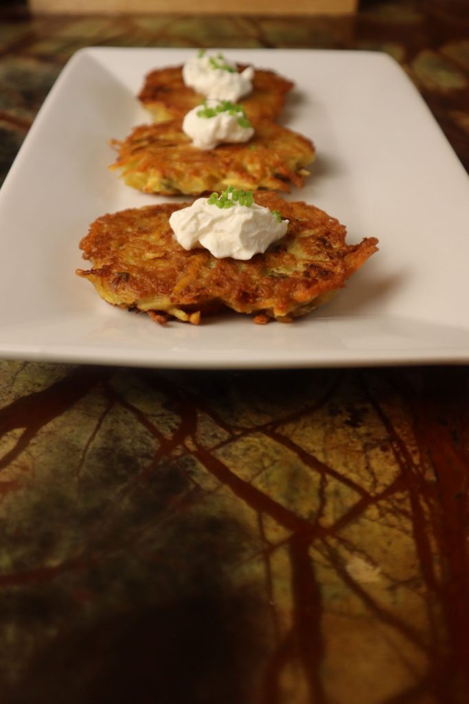 Savory Herbed Potato Latkes with Chive Cream fraiche