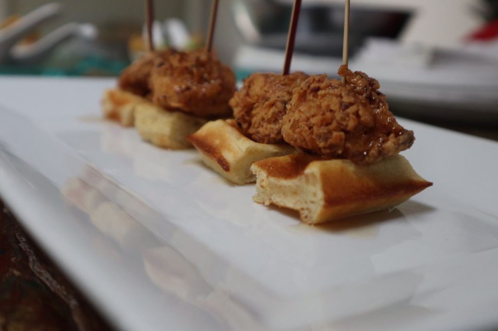 Southern Fried Chicken and Waffle bites with Bourbon maple syrup