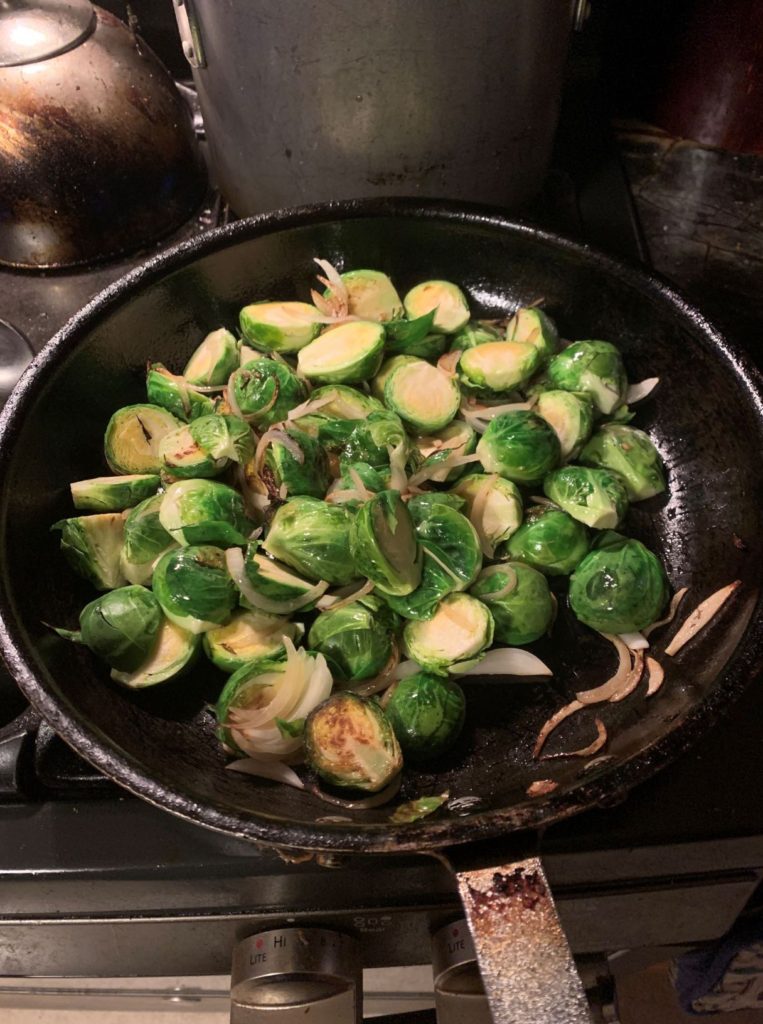 Bacon and Onion braised Brussel Sprouts